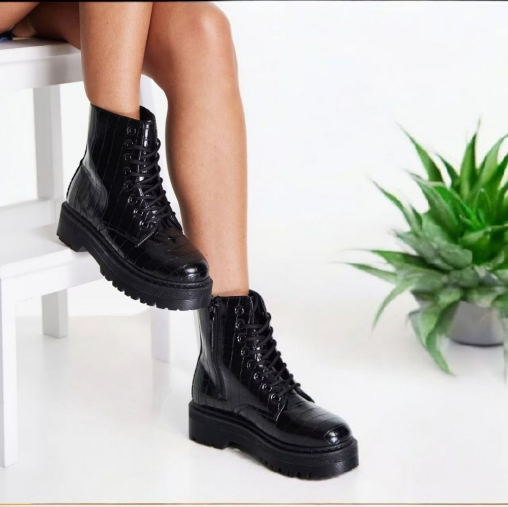 Qupid Chunky Lace-Up Ankle Boots In Black Croc